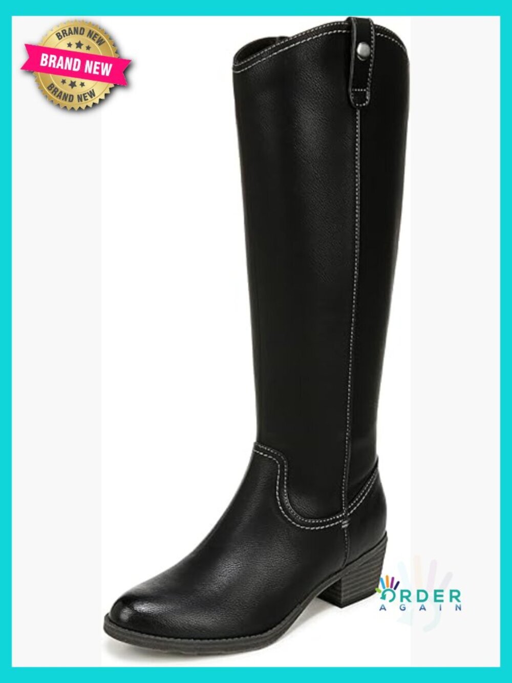 Western Knee High Boots Chunky Block Heel Side Zip Pull On